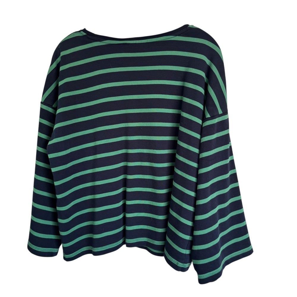 Chico's 100% Cotton Green/Blue Striped Wide-Sleeve Drop-Shoulder T-Shirt 2 (L) - Picture 4 of 11